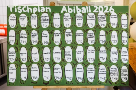 Fährhaus Kirschenland – Handgemalter grüner Tischplan für den Abiball 2026 auf einer Staffelei mit weiß beschrifteten Sitzplätzen für Gäste und Lehrer in Stade und Hamburg. | Jannes Romund Fotografie